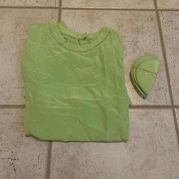 Vintage Casual Corner 100% Silk Lime Green Top Tee Blouse Crocheted Trim Sz S - Picture 3 of 6